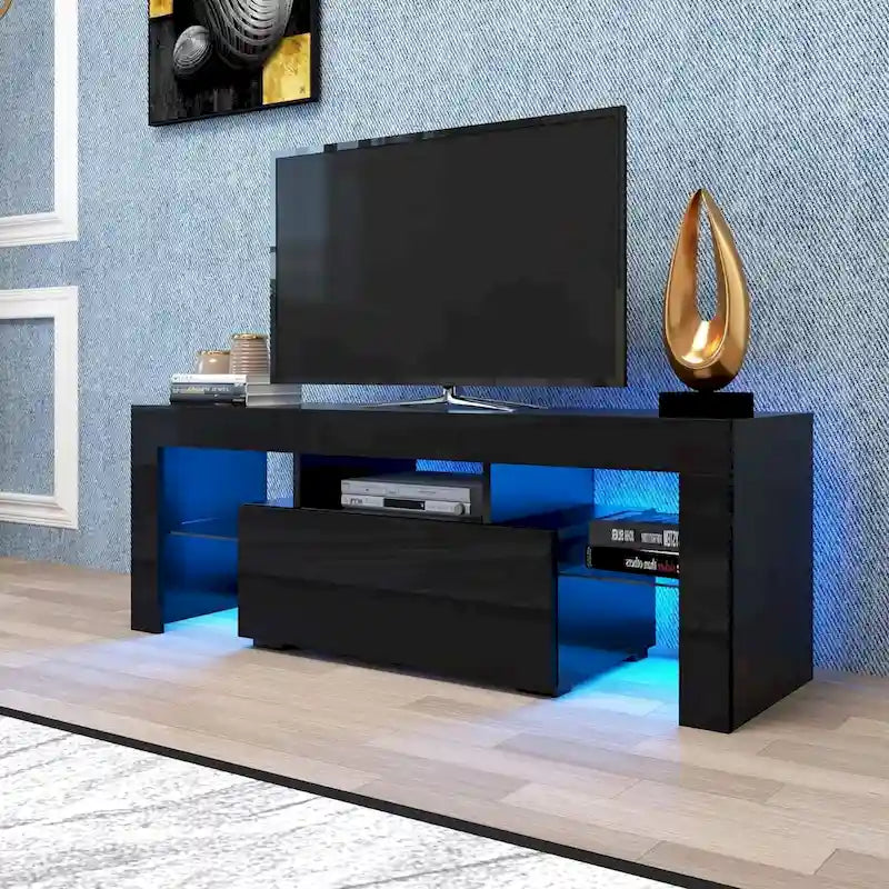 Meuble TV LED 51" avec porte basculante, étagère en verre et lumières changeantes pour téléviseurs 55"