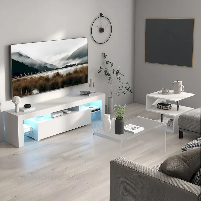 Meuble TV LED 51" avec porte basculante, étagère en verre et lumières changeantes pour téléviseurs 55"