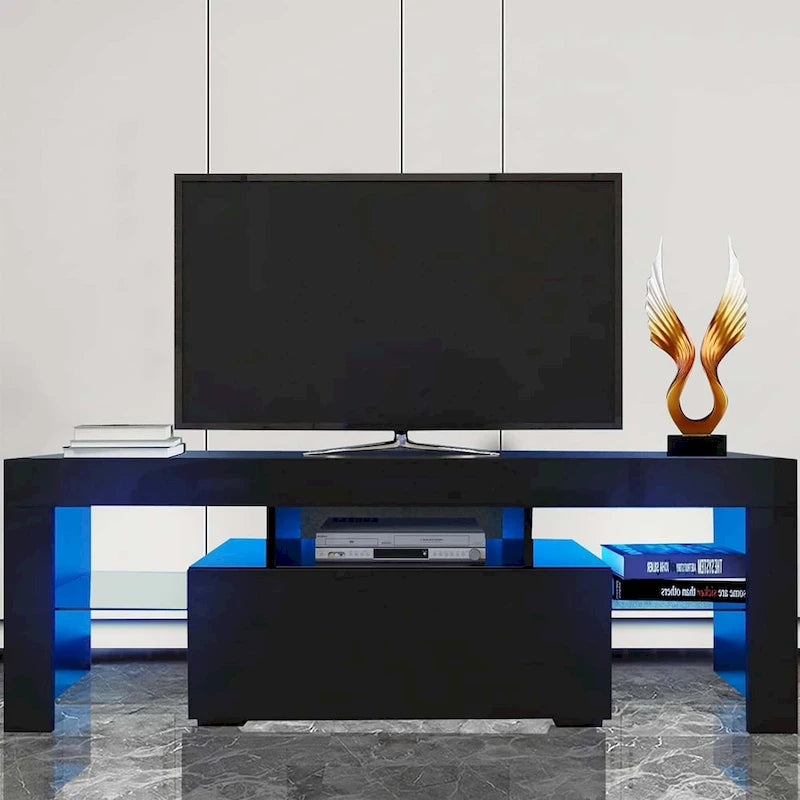 Meuble TV LED 51" avec porte basculante, étagère en verre et lumières changeantes pour téléviseurs 55"