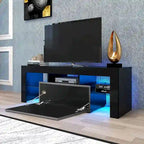 Meuble TV LED 51" avec porte basculante, étagère en verre et lumières changeantes pour téléviseurs 55"