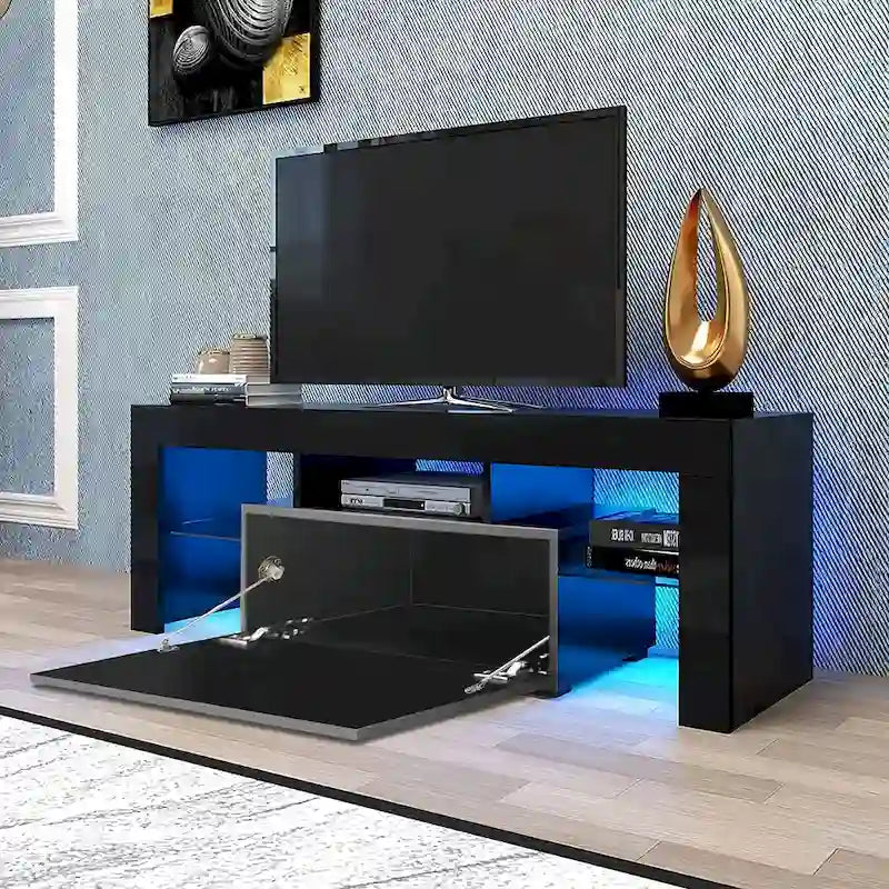 Meuble TV LED 51" avec porte basculante, étagère en verre et lumières changeantes pour téléviseurs 55"