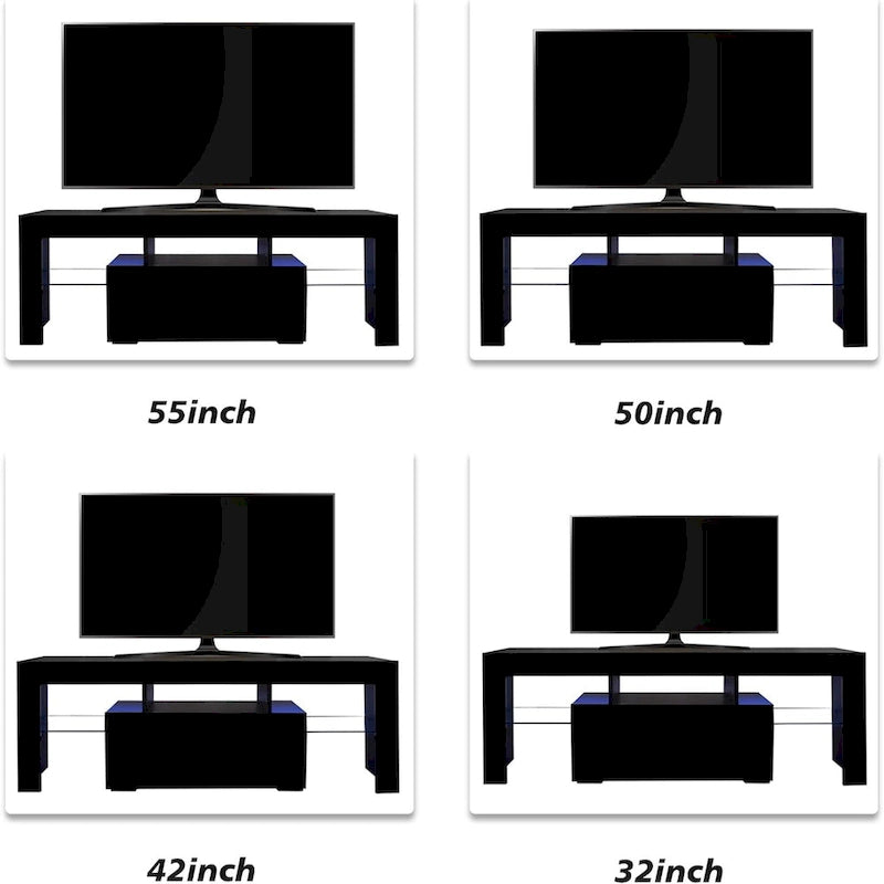Meuble TV LED 51" avec porte basculante, étagère en verre et lumières changeantes pour téléviseurs 55"