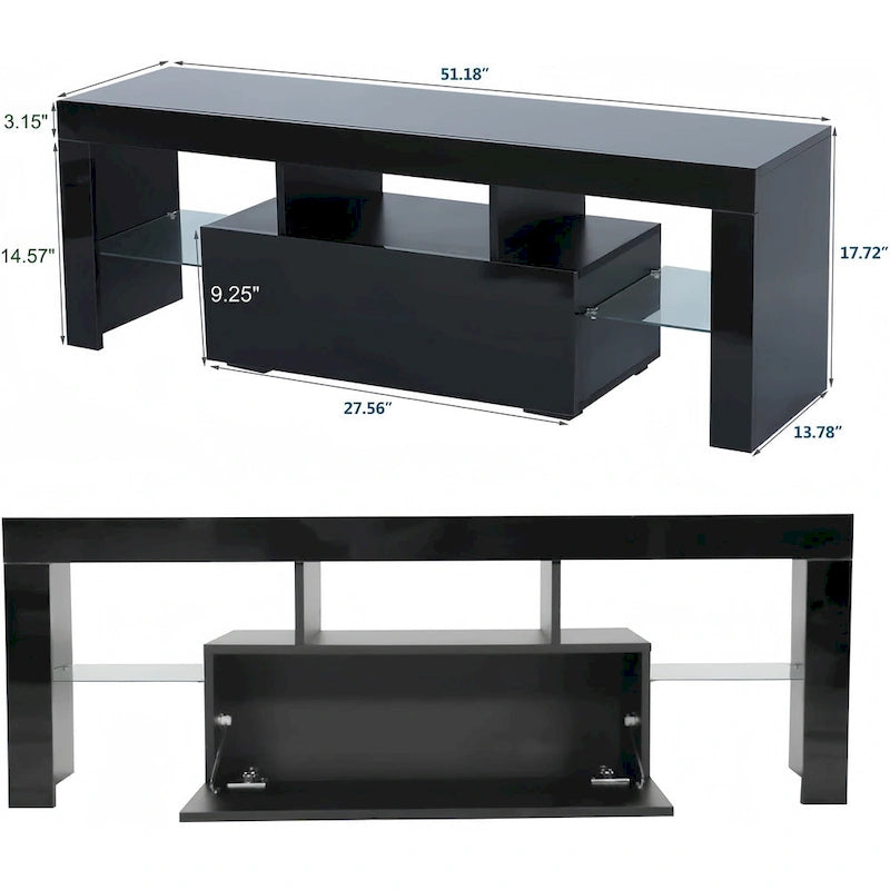 Meuble TV LED 51" avec porte basculante, étagère en verre et lumières changeantes pour téléviseurs 55"