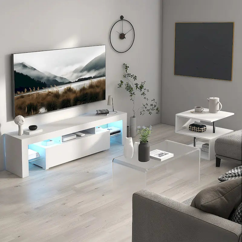 Meuble TV LED 51" avec porte basculante, étagère en verre et lumières changeantes pour téléviseurs 55"