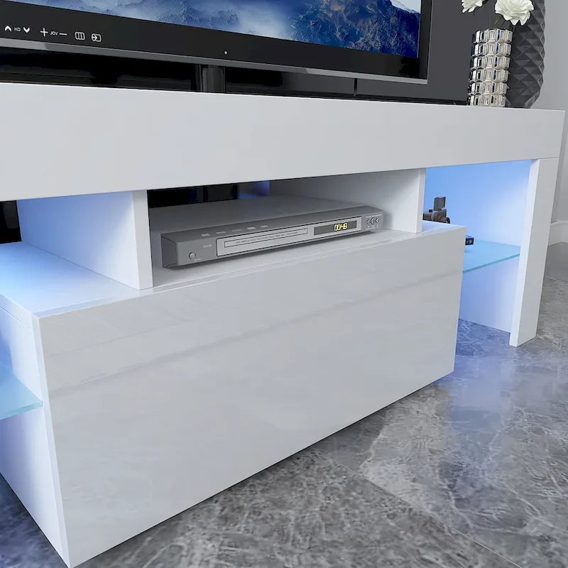 Meuble TV LED 51" avec porte basculante, étagère en verre et lumières changeantes pour téléviseurs 55"