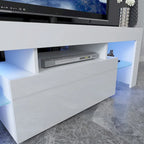 Meuble TV LED 51" avec porte basculante, étagère en verre et lumières changeantes pour téléviseurs 55"