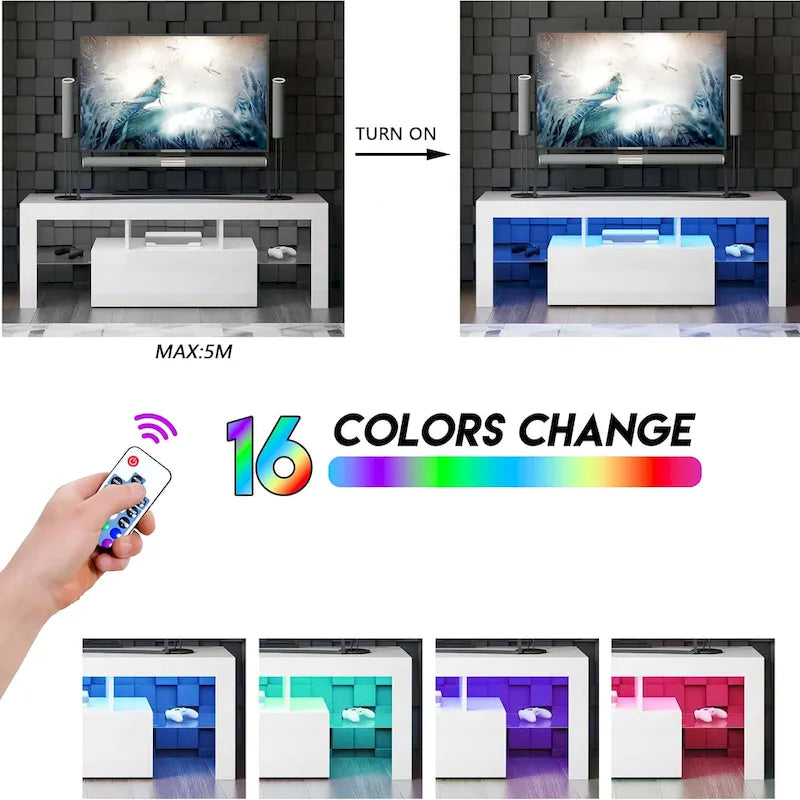 Meuble TV LED 51" avec porte basculante, étagère en verre et lumières changeantes pour téléviseurs 55"