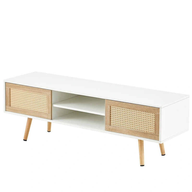 Meuble TV en rotin blanc de 55 po avec portes coulissantes, pieds en bois et étagère réglable