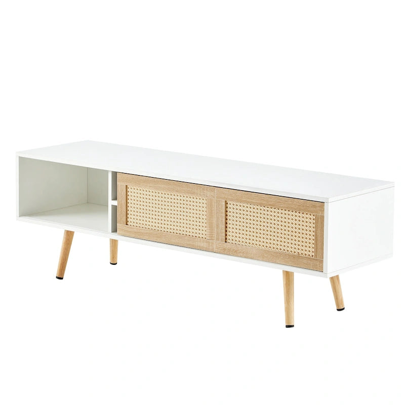 Meuble TV en rotin blanc de 55 po avec portes coulissantes, pieds en bois et étagère réglable