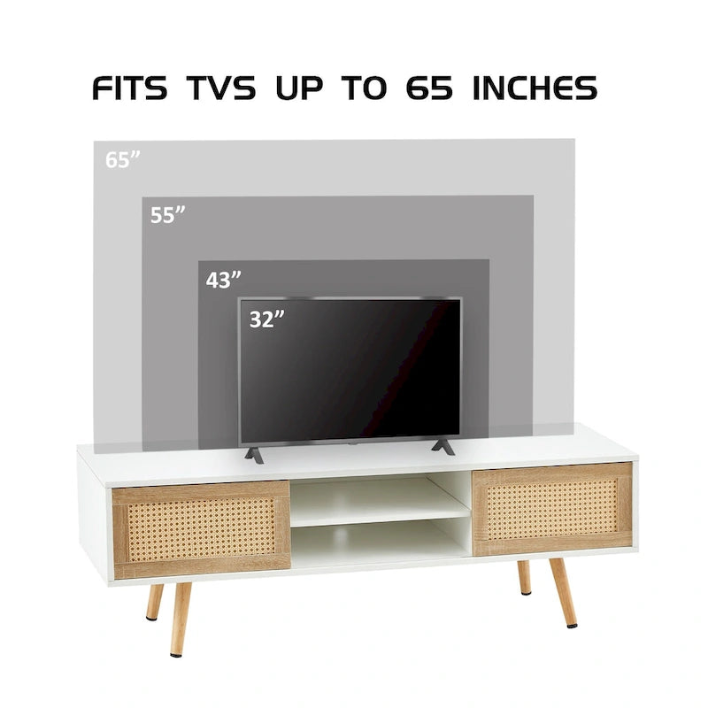 Meuble TV en rotin blanc de 55 po avec portes coulissantes, pieds en bois et étagère réglable