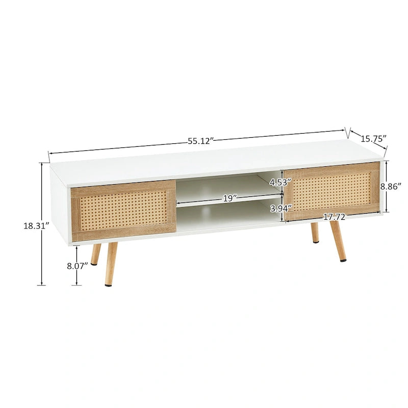 Meuble TV en rotin blanc de 55 po avec portes coulissantes, pieds en bois et étagère réglable