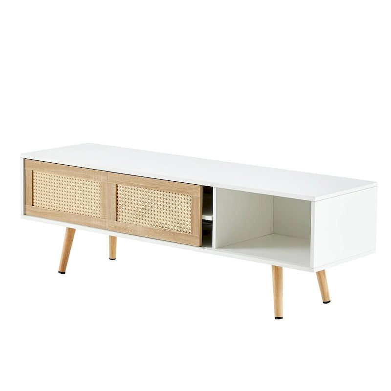 Meuble TV en rotin blanc de 55 po avec portes coulissantes, pieds en bois et étagère réglable