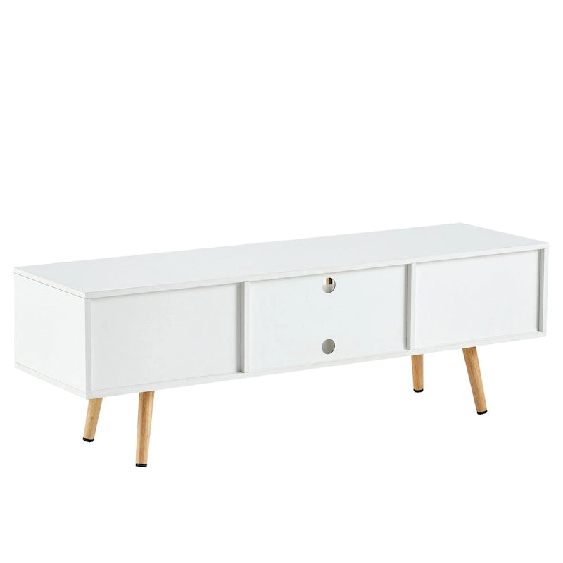 Meuble TV en rotin blanc de 55 po avec portes coulissantes, pieds en bois et étagère réglable