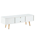 Meuble TV en rotin blanc de 55 po avec portes coulissantes, pieds en bois et étagère réglable