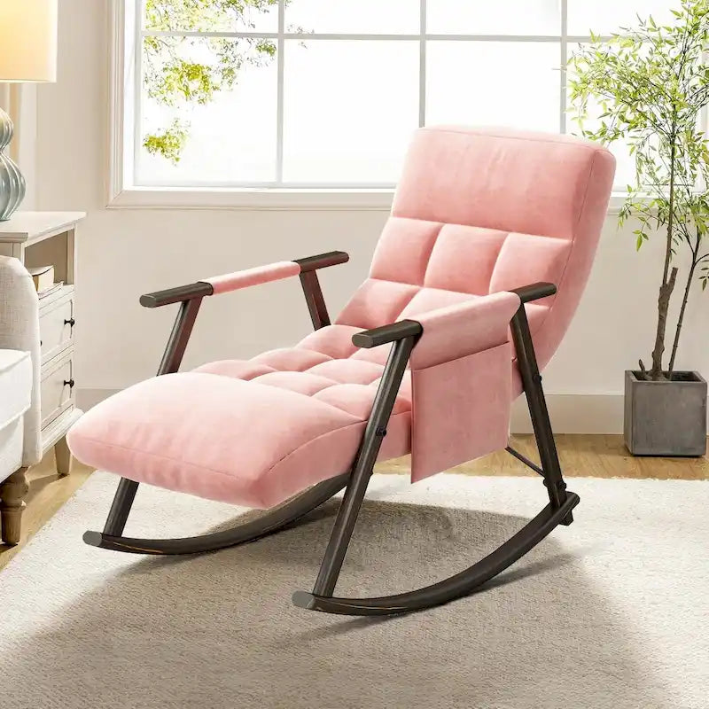 Fauteuil à bascule moderne en tissu avec dossier réglable et pochette de rangement