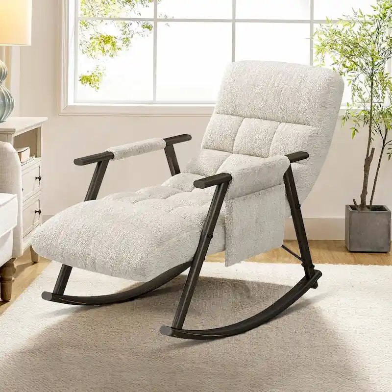 Fauteuil à bascule moderne en tissu avec dossier réglable et pochette de rangement