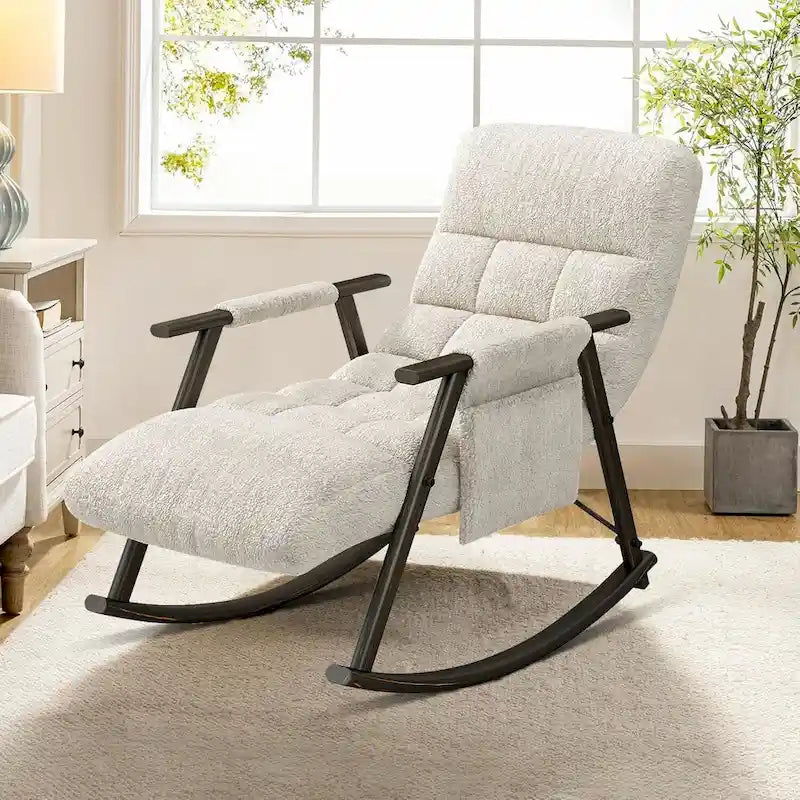 Fauteuil à bascule moderne en tissu avec dossier réglable et pochette de rangement