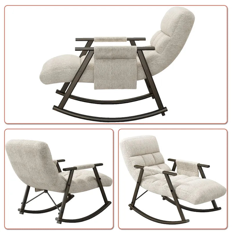 Fauteuil à bascule moderne en tissu avec dossier réglable et pochette de rangement