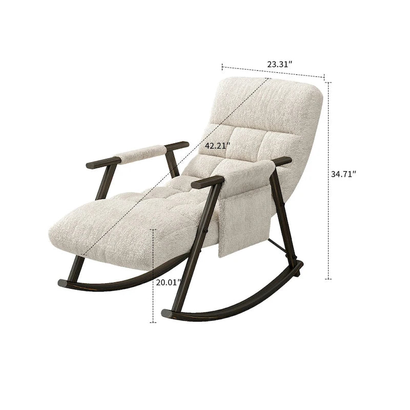 Fauteuil à bascule moderne en tissu avec dossier réglable et pochette de rangement