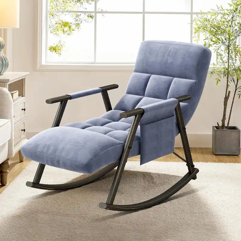 Fauteuil à bascule moderne en tissu avec dossier réglable et pochette de rangement