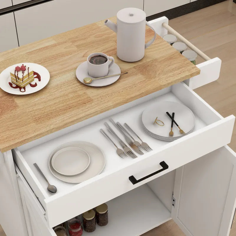 Desserte de cuisine roulante avec plateau en bois d'hévéa, tiroir, 2 portes et porte-serviettes