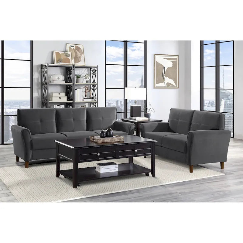 Causeuse capitonnée en velours marron avec cadre en bois massif - 57"L