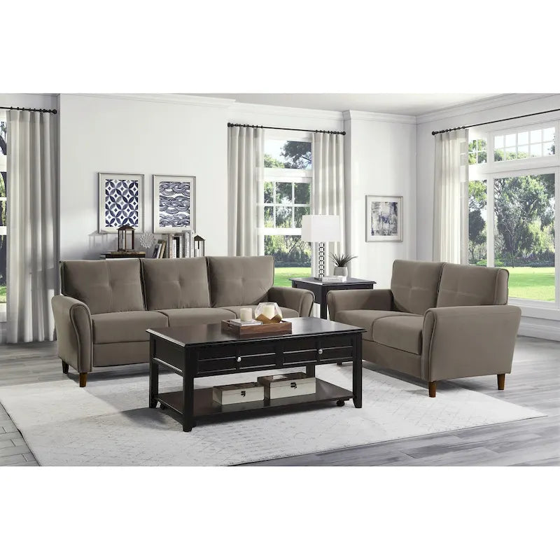 Causeuse capitonnée en velours marron avec cadre en bois massif - 57"L