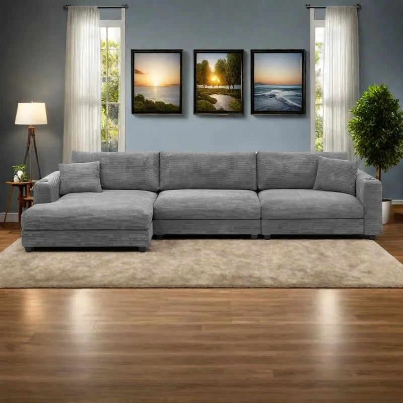 Canapé d'angle en velours côtelé de 340 cm avec port de chargement USB et méridienne de 127 cm - Capacité de 150 kg