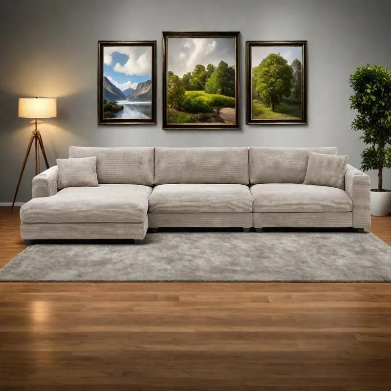 Canapé d'angle en velours côtelé de 340 cm avec port de chargement USB et méridienne de 127 cm - Capacité de 150 kg