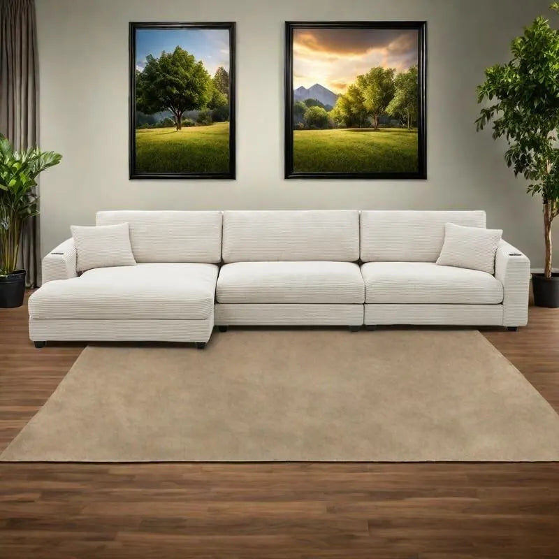 Canapé d'angle en velours côtelé de 340 cm avec port de chargement USB et méridienne de 127 cm - Capacité de 150 kg