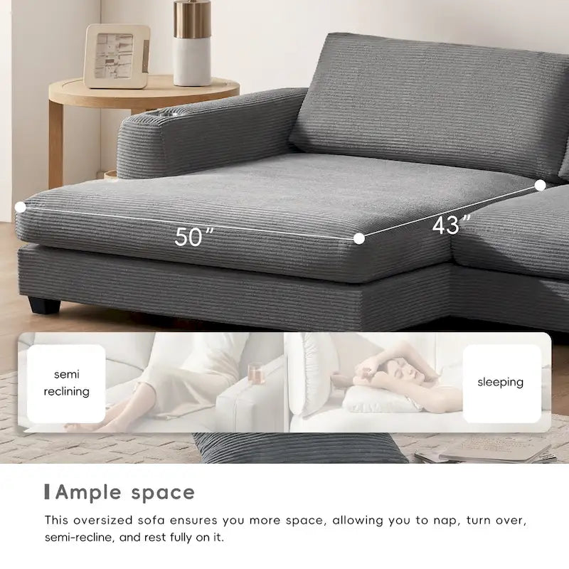 Canapé d'angle en velours côtelé de 340 cm avec port de chargement USB et méridienne de 127 cm - Capacité de 150 kg