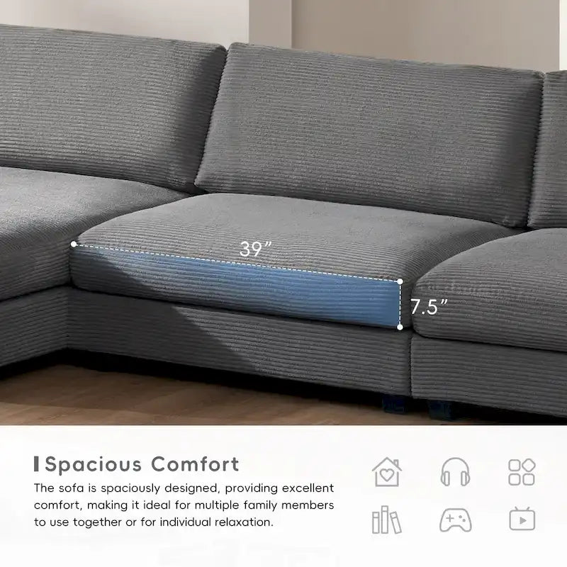 Canapé d'angle en velours côtelé de 340 cm avec port de chargement USB et méridienne de 127 cm - Capacité de 150 kg