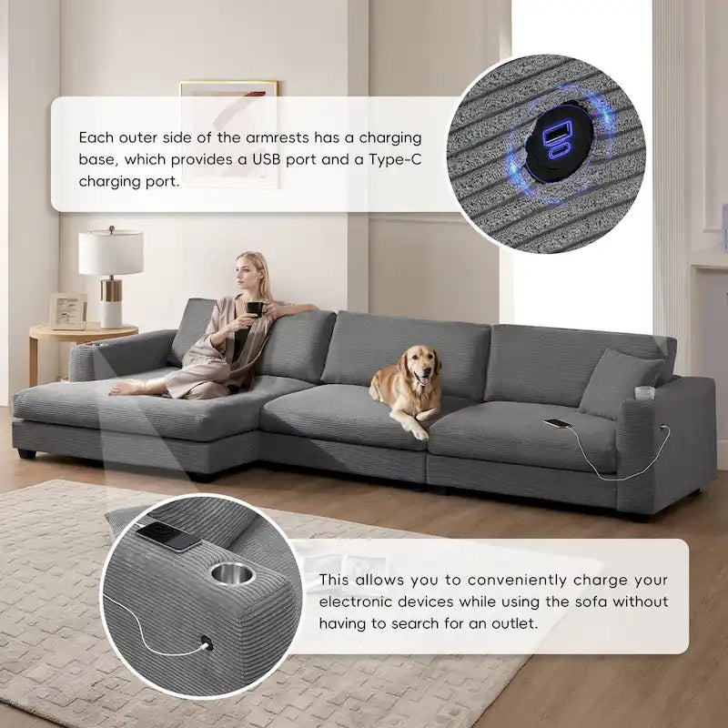 Canapé d'angle en velours côtelé de 340 cm avec port de chargement USB et méridienne de 127 cm - Capacité de 150 kg