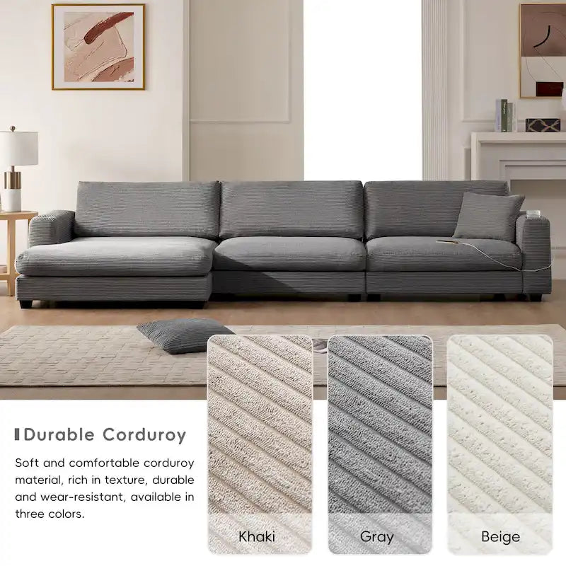 Canapé d'angle en velours côtelé de 340 cm avec port de chargement USB et méridienne de 127 cm - Capacité de 150 kg