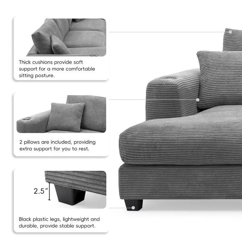 Canapé d'angle en velours côtelé de 340 cm avec port de chargement USB et méridienne de 127 cm - Capacité de 150 kg