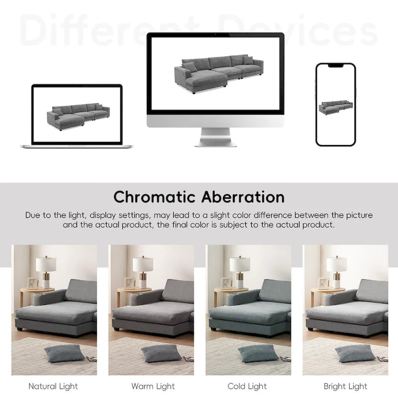 Canapé d'angle en velours côtelé de 340 cm avec port de chargement USB et méridienne de 127 cm - Capacité de 150 kg