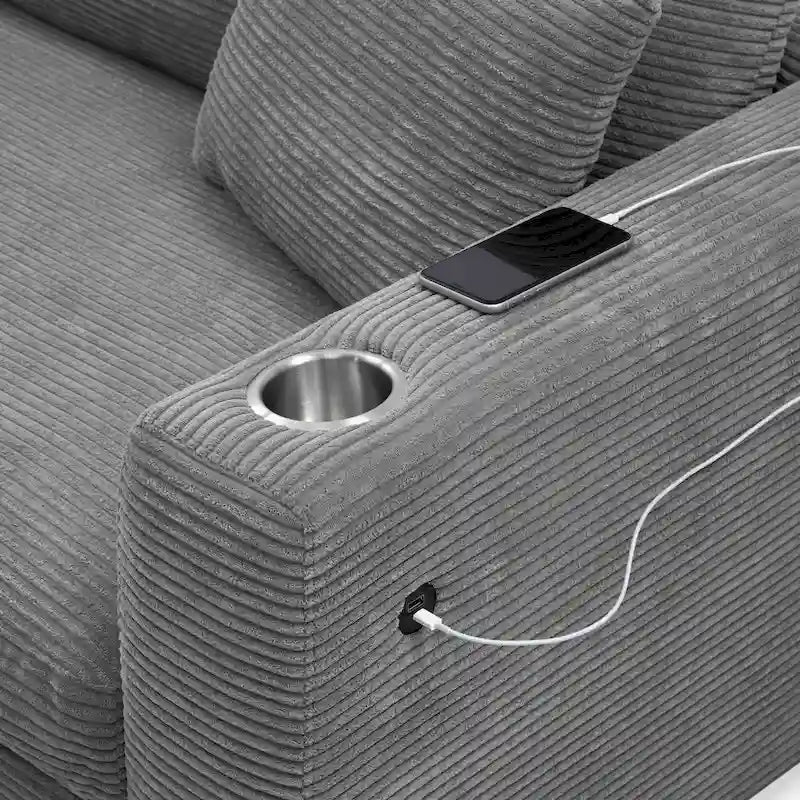 Canapé d'angle en velours côtelé de 340 cm avec port de chargement USB et méridienne de 127 cm - Capacité de 150 kg
