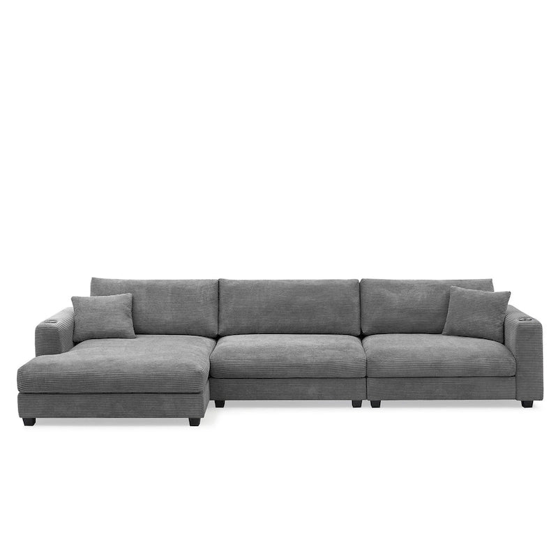 Canapé d'angle en velours côtelé de 340 cm avec port de chargement USB et méridienne de 127 cm - Capacité de 150 kg