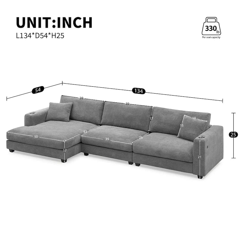 Canapé d'angle en velours côtelé de 340 cm avec port de chargement USB et méridienne de 127 cm - Capacité de 150 kg