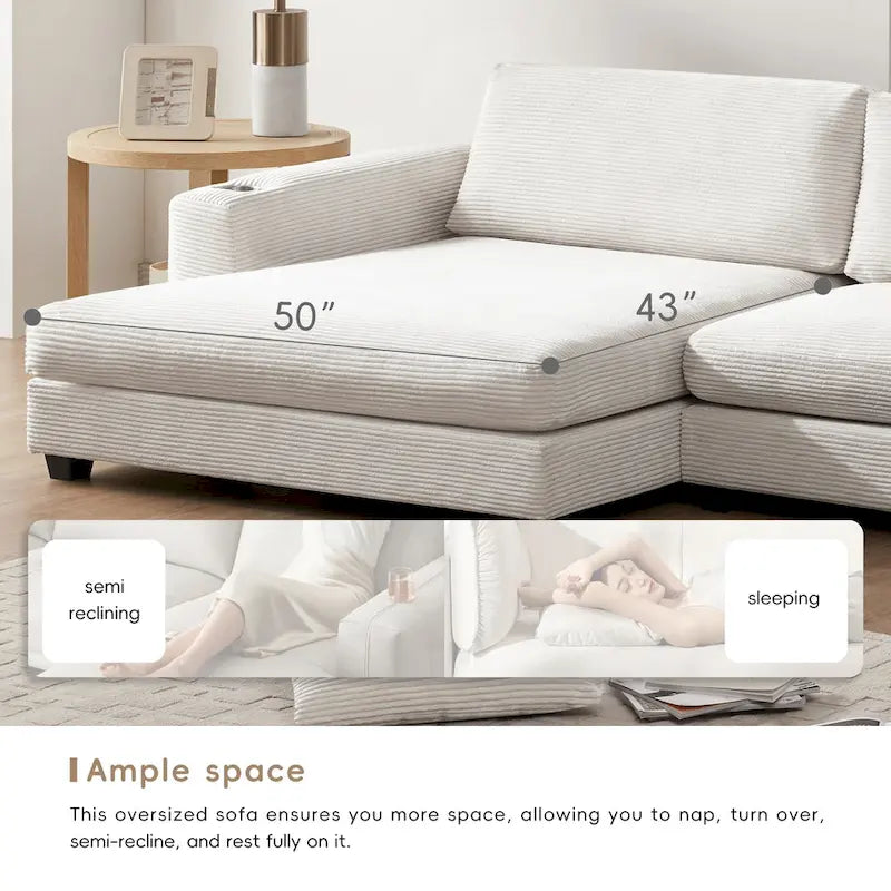 Canapé d'angle en velours côtelé de 340 cm avec port de chargement USB et méridienne de 127 cm - Capacité de 150 kg