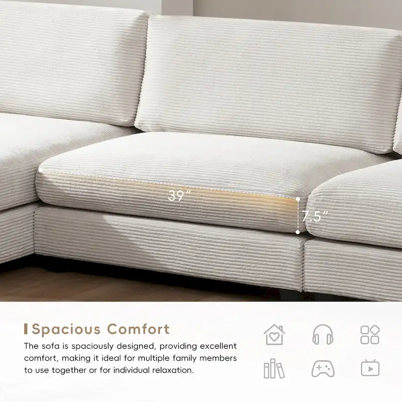 Canapé d'angle en velours côtelé de 340 cm avec port de chargement USB et méridienne de 127 cm - Capacité de 150 kg