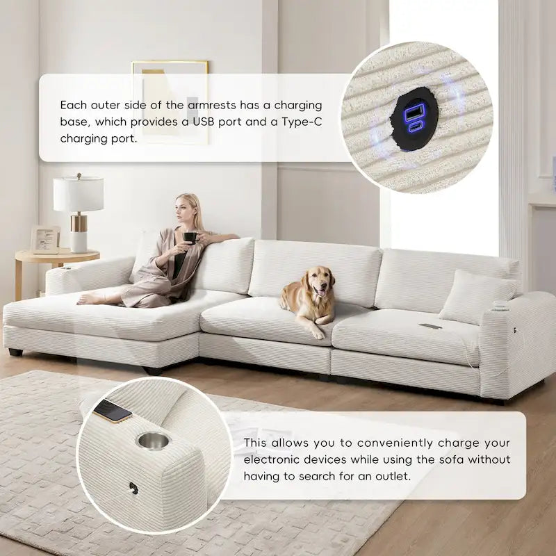 Canapé d'angle en velours côtelé de 340 cm avec port de chargement USB et méridienne de 127 cm - Capacité de 150 kg