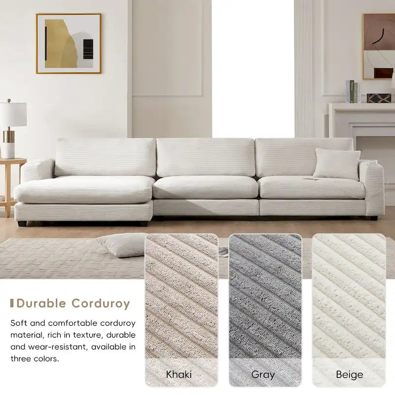 Canapé d'angle en velours côtelé de 340 cm avec port de chargement USB et méridienne de 127 cm - Capacité de 150 kg