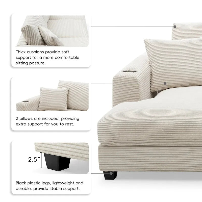 Canapé d'angle en velours côtelé de 340 cm avec port de chargement USB et méridienne de 127 cm - Capacité de 150 kg