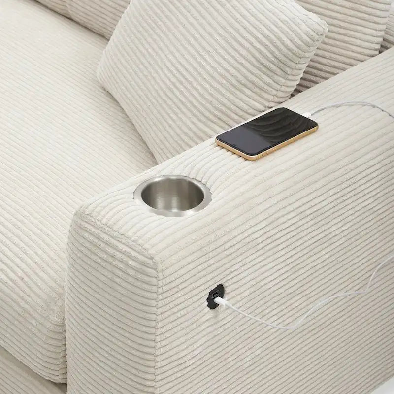 Canapé d'angle en velours côtelé de 340 cm avec port de chargement USB et méridienne de 127 cm - Capacité de 150 kg