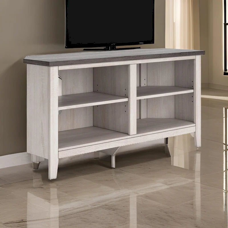 Meuble TV d'angle avec 4 étagères – Gris et blanc rustique, 122 cm
