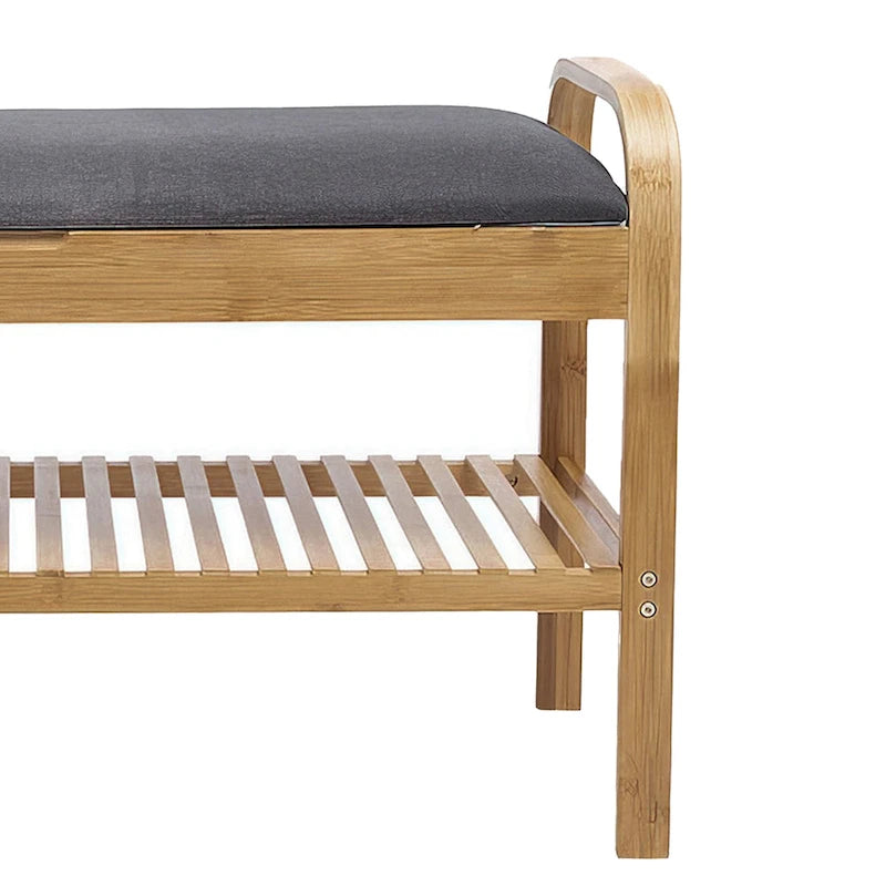 Banc de rangement pour chaussures avec siège rembourré gris et cadre en bambou brun noyer - 91 cm