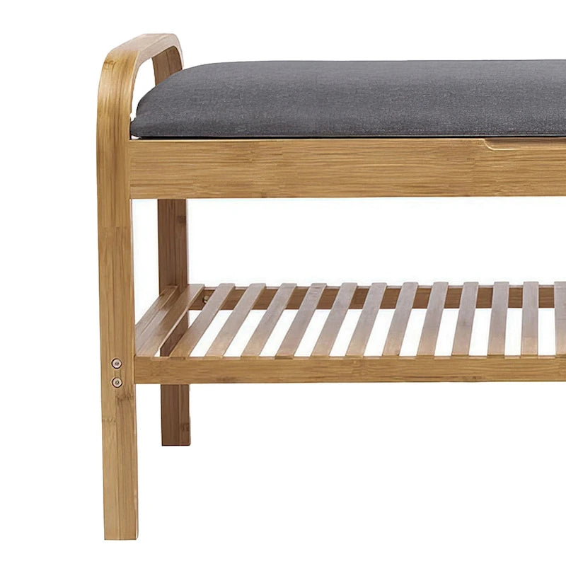 Banc de rangement pour chaussures avec siège rembourré gris et cadre en bambou brun noyer - 91 cm