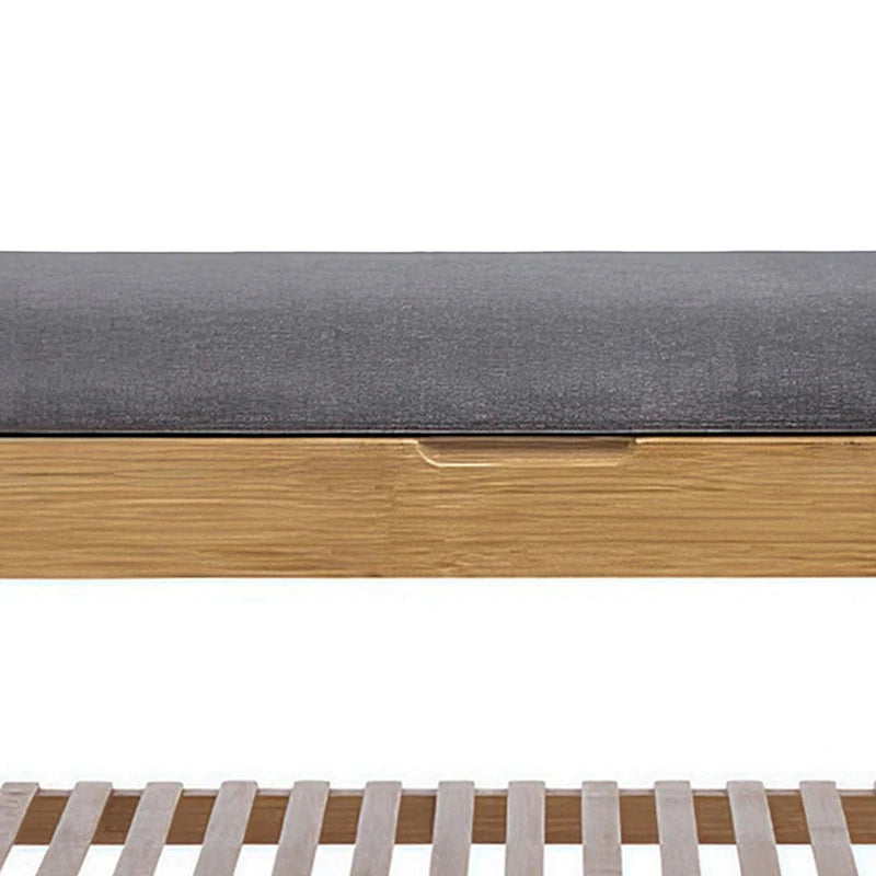 Banc de rangement pour chaussures avec siège rembourré gris et cadre en bambou brun noyer - 91 cm