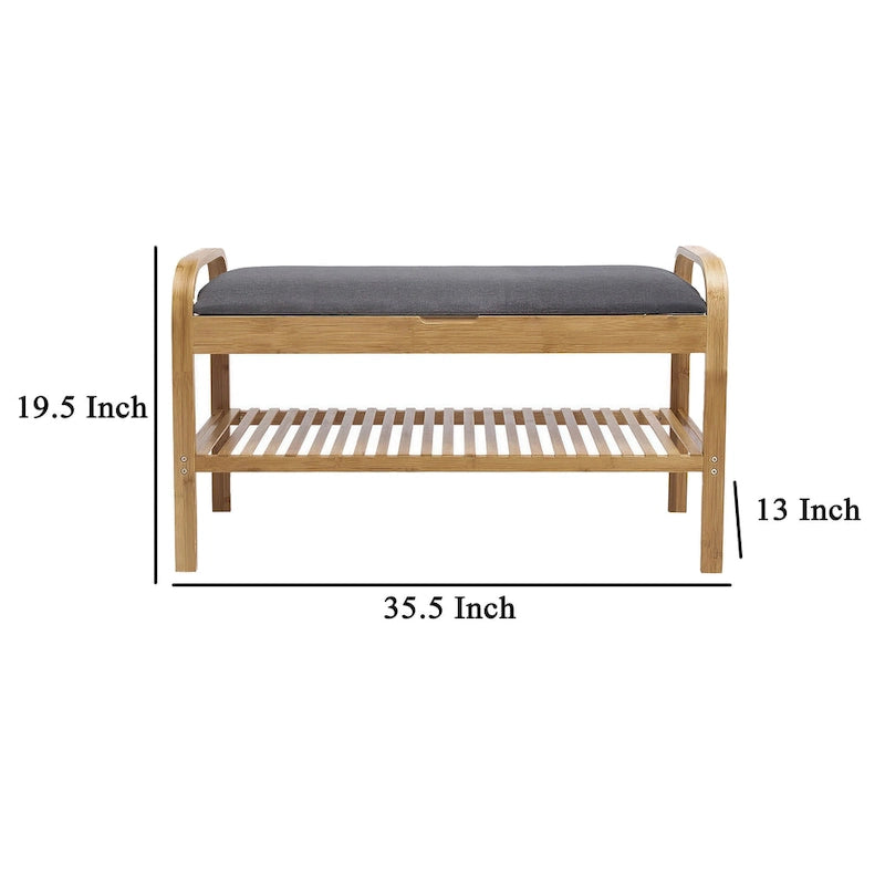 Banc de rangement pour chaussures avec siège rembourré gris et cadre en bambou brun noyer - 91 cm